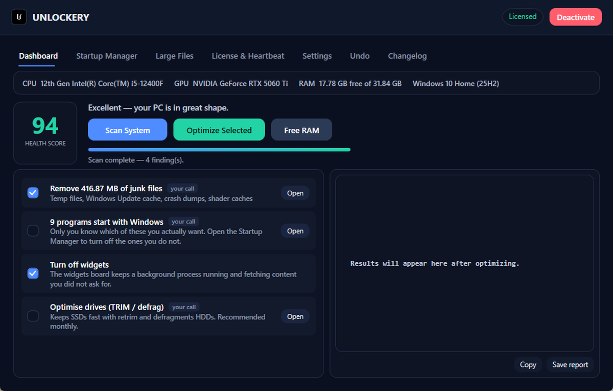 The Unlockery Optimizer dashboard showing a health score and the findings from a scan
